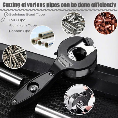 Ratcheting tubing cutter by Amazon; copper/metal pipe cutter, 5/16 in to 1-1/8 in, includes deburring tool, black