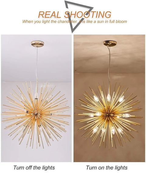 Gold Sputnik Chandelier Pendant Light 12 Light Fixture For Kitchen Island Dining Room Farmhouse Entryway Ceiling Aluminum Modern Lighting Artful Fireworks Style Decor with lights on and off