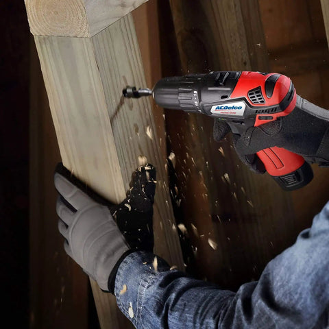 Person using G12 Series 12 Volt Cordless Drill Driver With 265 Inch Pounds Torque on wooden beam, no battery for DIY repairs