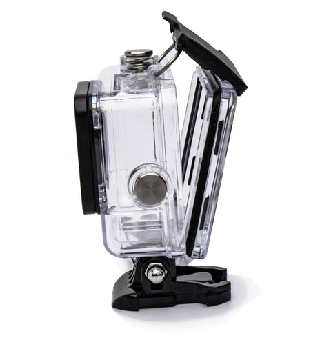Side view of Waterproof Underwater Dive Housing Case With Bracket And Red Dive Filter For GoPro Hero 9 Through 13 with open latch