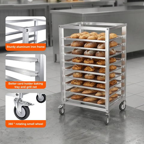 Heavy Duty 9 Tier Commercial Cooling Rack With Smooth Roll Locking Casters, Solid Aluminum Build, Space Saving Bakery Sheet Pan Holder, Sick Storage Cart For Any Bustling Kitchen Crew