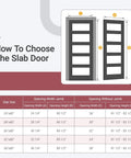 Diagram showing door measurements for 30x80 black frosted glass slab door with five lite French look.