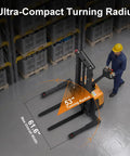 Rugged Heavy Duty Electric Lithium Pallet Stacker with 53" turning radius and 61.6" width, ideal for warehouse maneuvering.