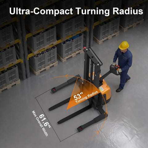 Rugged Heavy Duty Electric Lithium Pallet Stacker with 53" turning radius and 61.6" width, ideal for warehouse maneuvering.