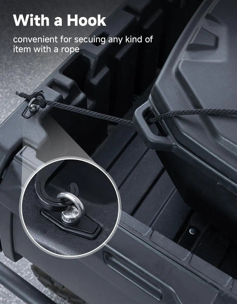 Heavy Duty UTV ATV Tie Down Anchor Kit Four Pack Plug And Play Quick Install showing a hook for securing items with rope.
