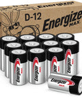 Heavy Duty D Cell Alkaline Batteries 12 Pack with silver and black design, ideal for high drain gadgets and everyday use.