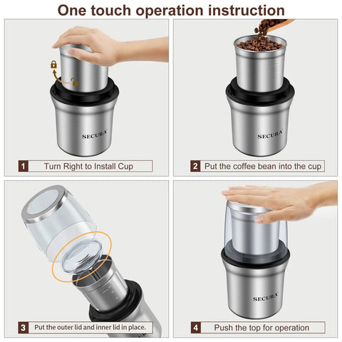 Instructions for Electric Coffee And Spice Grinder With Dual Stainless Steel Blades, showing installation and operation steps.