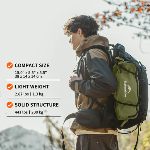 Person outdoors with backpack, showcasing One Second Setup Camping Chair With Elastic Cord Frame And 441Lb Capacity details.
