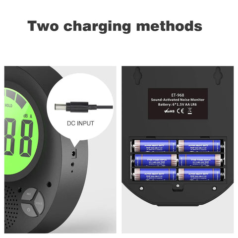 Digital Decibel Meter With DIY Voice Warning, Remote Control, wall mount, showing dual power options with DC input and battery slots.