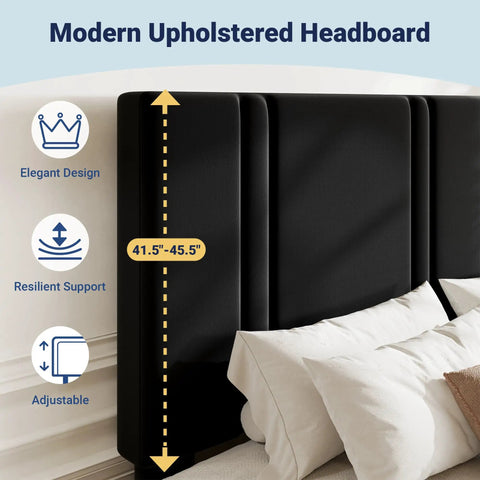Queen Platform Bed Frame With Adjustable Velvet Headboard And Ultra Comfy Upholstery For Your Chilled Bedroom Sanctuary, close-up of adjustable modern black upholstered headboard.