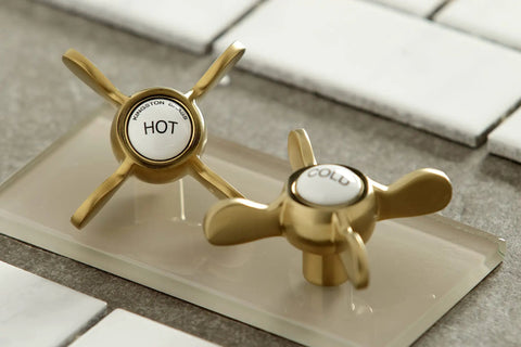 Hot and cold handles for Adjustable Center Wall Mount Bathroom Faucet in Brushed Brass, Victorian style