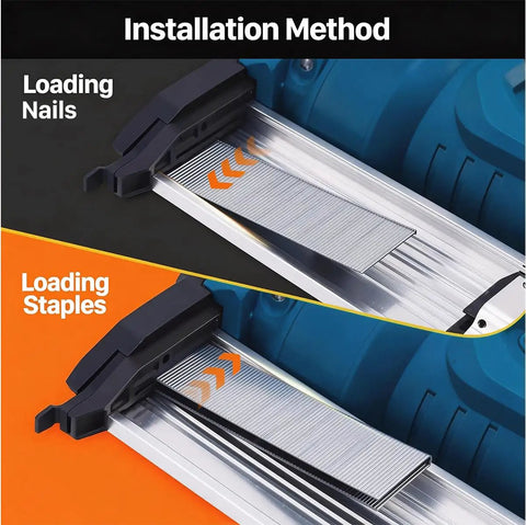 Cordless 2in1 Brad Nailer And Stapler, 18 Gauge Electric Power Tool loading nails and staples with installation method guide.