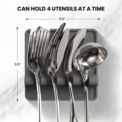 High Heat Silicone Spoon Rest Drip Pad For Stove Top Keeps Counters Clean And Dry Holds Ladles Tongs Spatulas And Utensils BPA Free Heat Resistant Easy To Clean Compact Kitchen Gadget Gift showing four utensils on gray pad