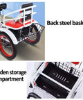 Dual Rider Trike With Rear Passenger Seat Outdoor Three-Wheel Pedal Tricycle showing back steel basket and storage compartment