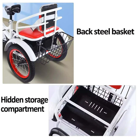Dual Rider Trike With Rear Passenger Seat Outdoor Three-Wheel Pedal Tricycle showing back steel basket and storage compartment
