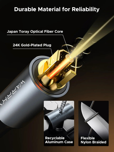 Close-up of 24K gold-plated plug and Japan Toray optical fiber core of Top Tier 6 Foot Toslink Optical Audio Cable.