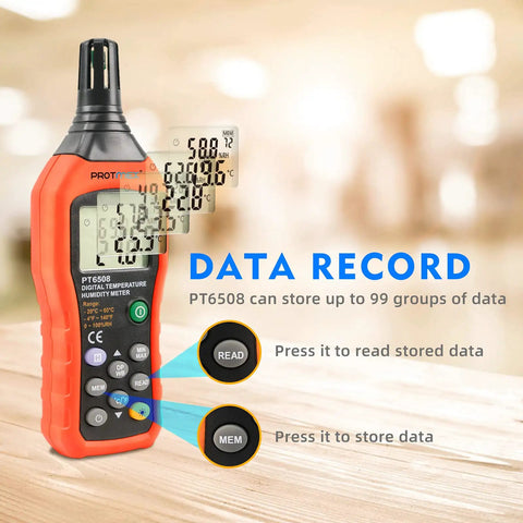 PT6508 Digital Temperature Humidity Meter with LCD, showing data record storage options and button labels, indoor setting