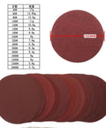 Get The 20 Piece Set Of Killer Six Inch Sanding Discs With Hook And Loop Backing for heavy work, showing assorted grits and size details.