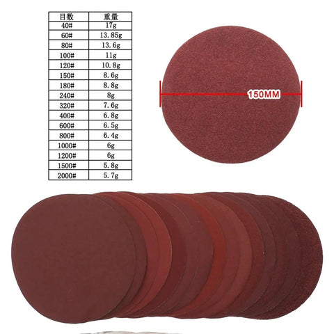 Get The 20 Piece Set Of Killer Six Inch Sanding Discs With Hook And Loop Backing for heavy work, showing assorted grits and size details.