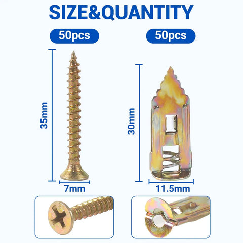 100 Piece Self Drilling Drywall Anchors And Screws Kit With Metal Expansion Bolts Quenched For Heavy Duty Holds And Quick Install, 35mm and 30mm