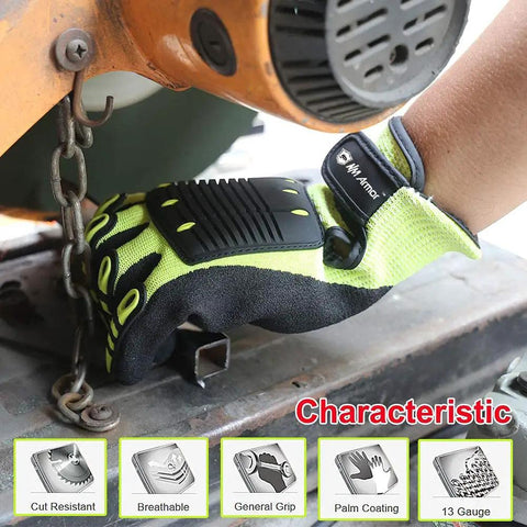 Anti Vibration Oil Proof Cut Resistant Safety Work Glove With Full Finger Design Yellow Nylon HPPE Glass Fiber Seamless Knit Liner And Sandy Nitrile Palm For All Day Grip Large being used in a metalworking task