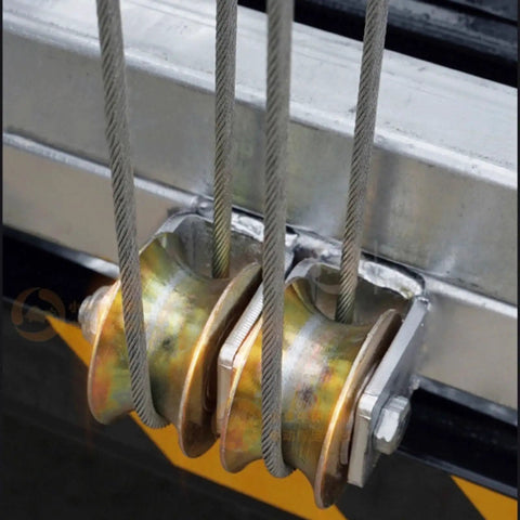 Close-up of pulleys with steel cables on Beefy Electric Scaffolding Lift Platform Heavy Duty Galvanized Steel Mobile Aerial Work Cart.