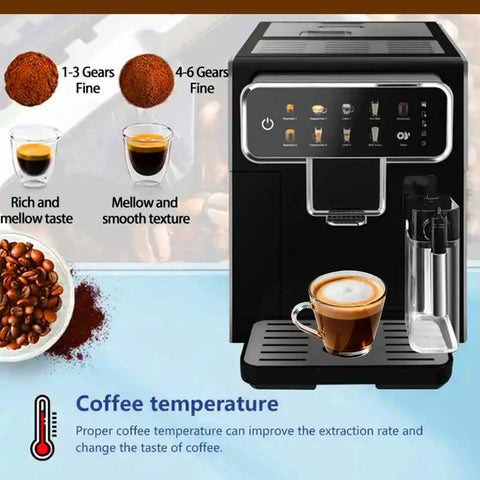 Top Shelf Fully Automatic Espresso Machine With Built In Grinder One Touch Cappuccino Latte Americano Self Cleaning No Drama Quick Grind Go To Coffee Station with coffee and beans visible.