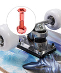 Orange 1 Inch Skateboard Screw And Nut Set For Cruiser With Flat Head Bolts And Nuts Eight Pieces Carbon Steel Grade 8.8 25mm Length Includes Screws And Nuts For Easy Install And Strong Deck Mounts, shown installed on skateboard truck.