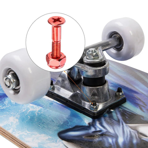 Orange 1 Inch Skateboard Screw And Nut Set For Cruiser With Flat Head Bolts And Nuts Eight Pieces Carbon Steel Grade 8.8 25mm Length Includes Screws And Nuts For Easy Install And Strong Deck Mounts, shown installed on skateboard truck.