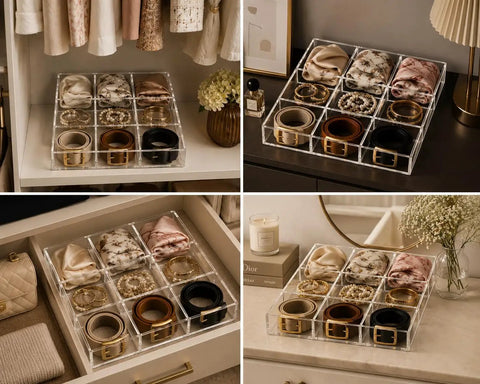 Keep Your Gear Legit With This Stackable Acrylic Belt Organizer Featuring Nine Roomy Compartments For Belts Ties Wallets Watches And Scarves Clear Display Rack Keeps Your Closet Neat Grabs Easy Without The Mess organized with belts wallets and scarves in a clear acrylic rack.