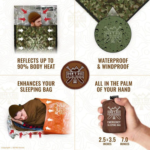 Emergency Sleeping Bag With Hood For Cold Weather Survival Dope Extra Thick Thermal Mylar Blanket Hiking Camping Gear Tactical Car Disaster Kit First Aid Essentials Camo shown in compact form with features