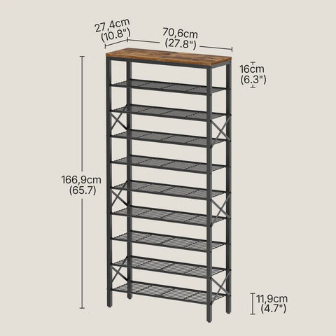 Built Tough 10 Tier Shoe Rack, Roomy Shoe Storage Cabinet Holds 40 Pairs, Solid Multi Shelf Organizer For Entryway Hallway Closet And Dorm Setup In Rustic Brown Finish