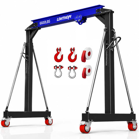 Real Deal 3 Ton Gantry Crane With 6600 Lbs Load Rating And Thick Steel Build For Demanding Shop Jobs, featuring secure snap hooks.
