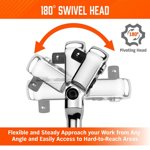 Beast Three Eighths Inch Drive Flex Head Ratchet With Ninety Tooth Gear showing 180-degree adjustable swivel head
