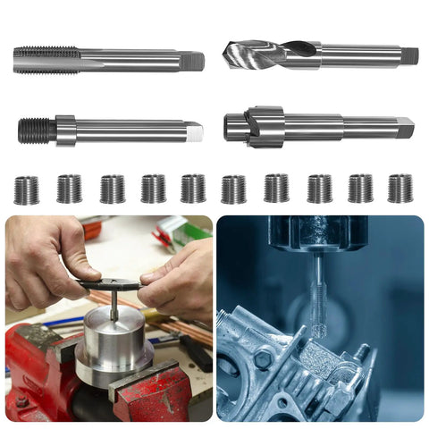 M14x1.5 Thread Repair Kit with 16.2mm stainless steel inserts, tools for auto parts repair, DIY friendly, use with power drill.