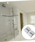 Two-piece stainless steel double-side hinge for glass doors with mounting screws; suitable for shower enclosures or wine cabinets.