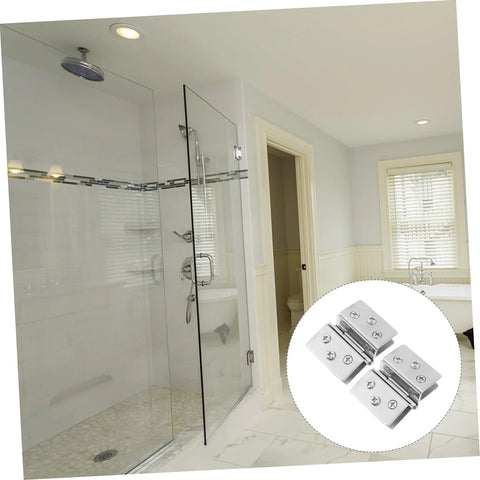 Two-piece stainless steel double-side hinge for glass doors with mounting screws; suitable for shower enclosures or wine cabinets.