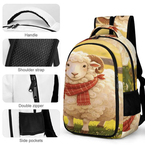 Scarf Horned Ram Print Unisex Backpack with handle, shoulder strap, double zipper, side pockets; durable polyester design.