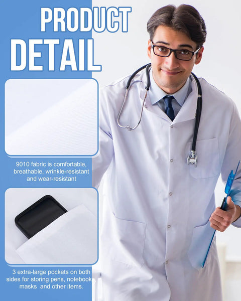 Three Piece Lab Coat Set With Elastic Cuffs For Men Women Unisex White Long Doctor Jacket Medical Lab Coat close-up on man wearing coat, showing pocket detail and fabric texture.