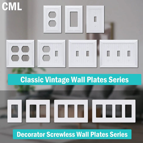 Classic vintage wall plates and decorator screwless wall plates display, various styles for outlets and switches.