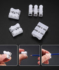 65 Piece Spring Wire Connector Set With Push In 2 Pin Quick Terminals For Electrical Projects, white plastic, spring clamps.