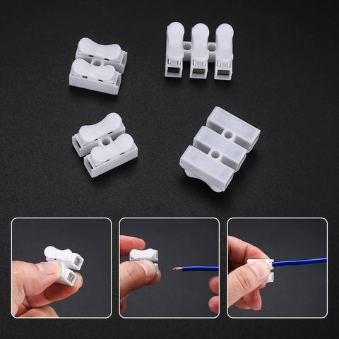 65 Piece Spring Wire Connector Set With Push In 2 Pin Quick Terminals For Electrical Projects, white plastic, spring clamps.