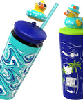 Two Pack 20 Oz Stainless Steel Tumbler With Pop Topper And Straw Interchangeable Character Topper For Your Personal Style BPA Free Insulated Cup With Leak Resistant Lid Vacation Marble Design Reusable Travel Cup