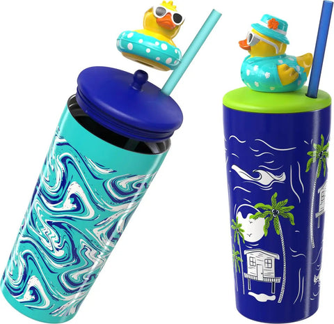 Two Pack 20 Oz Stainless Steel Tumbler With Pop Topper And Straw Interchangeable Character Topper For Your Personal Style BPA Free Insulated Cup With Leak Resistant Lid Vacation Marble Design Reusable Travel Cup