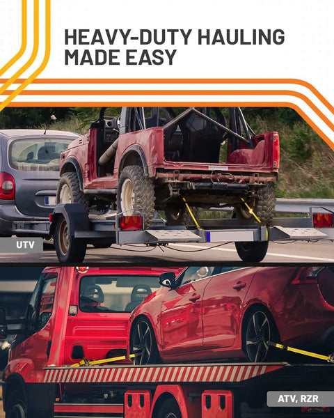 Red ATV and car secured with Retractable Ratchet Tie Down Strap 2 Inch By 16 Foot Heavy Duty With Snap Hooks on trailers