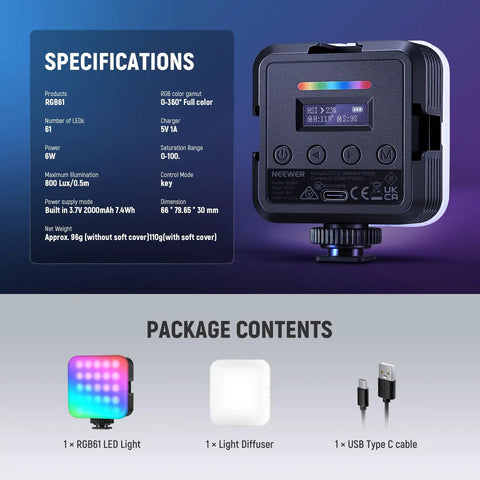 Back view of Magnetic RGB Camera Light For Video And Photography with specifications and package contents displayed