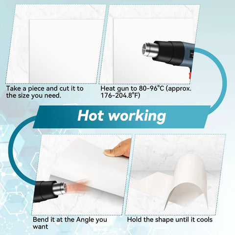 Infographic showing heat forming steps for 3 Pack White Plastic Sheets 12x12 Inches 0.08 Inch Thick Flexible High Tensile PP Plastic Panels