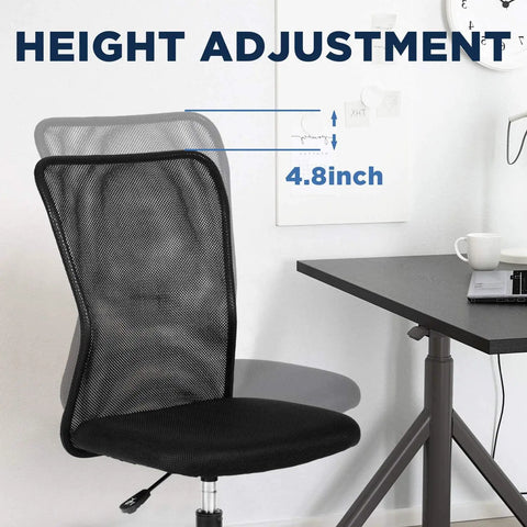 Go-To Ergonomic Mesh Office Chair With Lumbar Support showing 4.8-inch height adjustment next to a desk