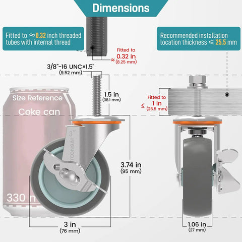 Dimensions illustration for Super Smooth Rolling 3 Inch Caster Wheels Set Of Four Heavy Duty Rubber Casters With Threaded Stem 660 Pound Capacity.