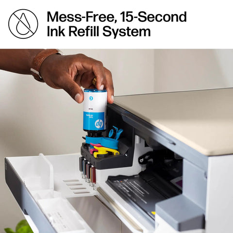 Person refilling ink on Smart Tank 5000 Wireless All In One Ink Tank Printer With Scanner And Copier, Cartridge Free Refill System
